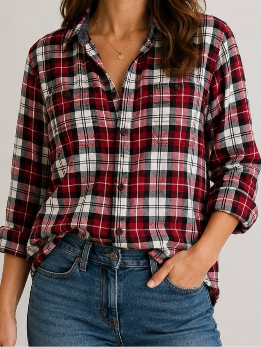 Wrangler Women’s Medium Red Black White Plaid Button Front Shirt 100% Cotton